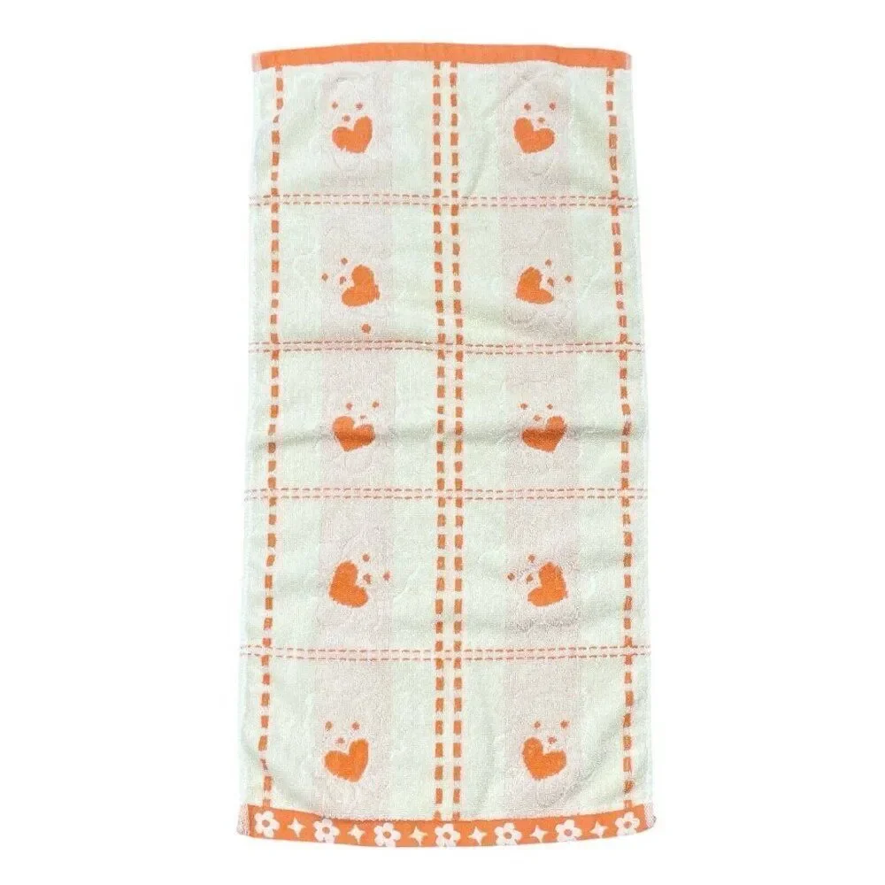 Vintage Jinlan Orange Teddy Bear Cotton Hand Towel 27 x 13 Hearts Flowers Kawaii